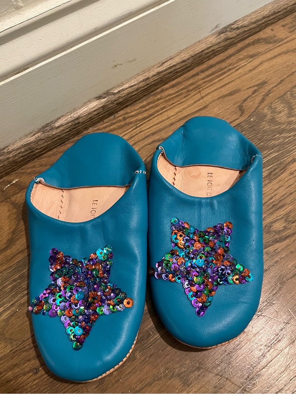 Le Toit De La Lune Paris Size 30 Handmade Leather Slippers Aqua Blue Sequin Star